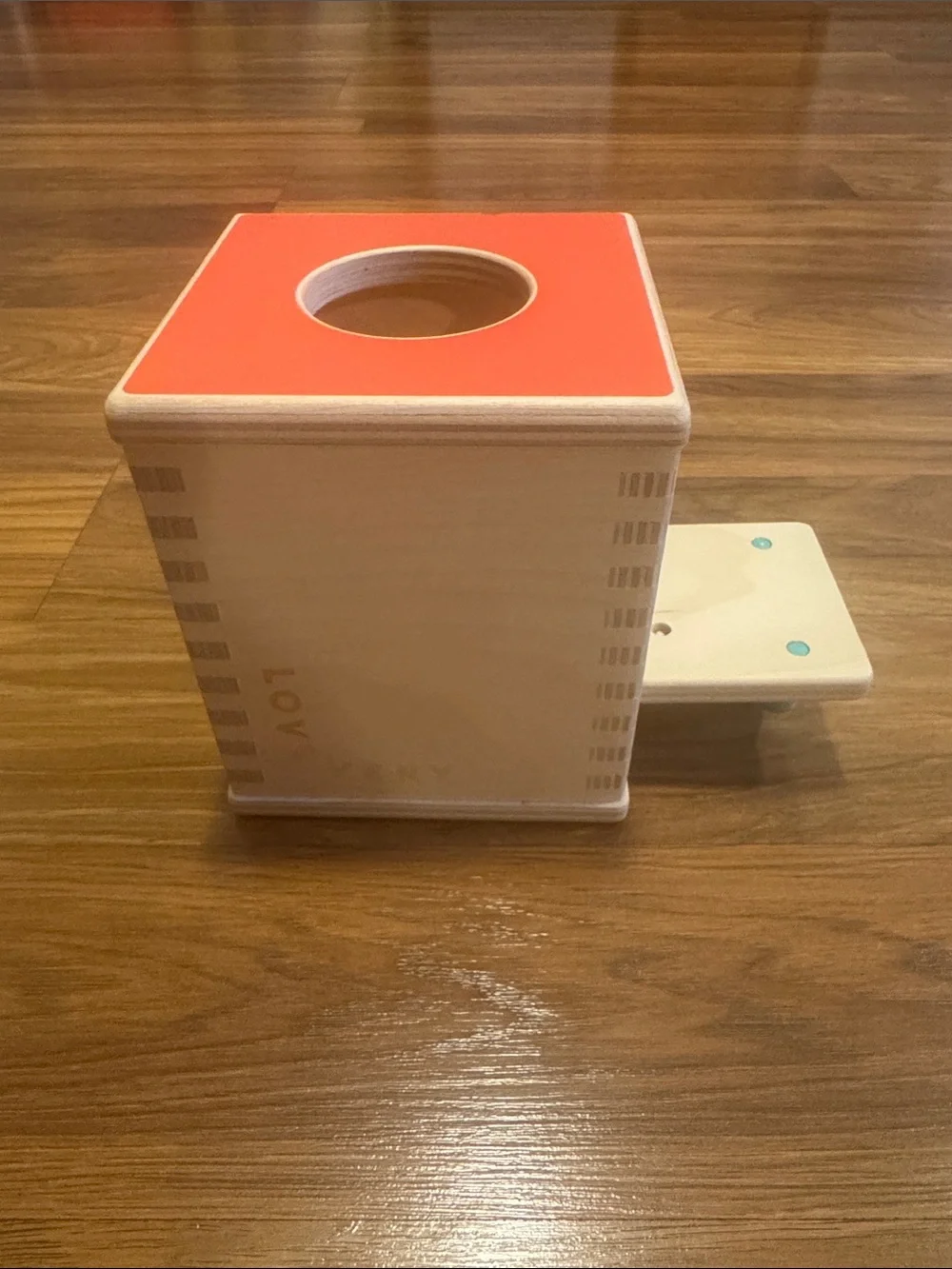 Lovevery Wooden Cube Toy Box with Orange Top and Teal Handle